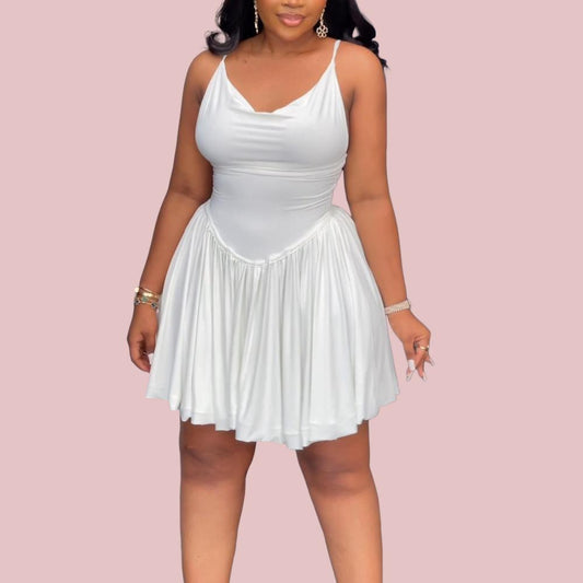 White Halter Pleated Mini Dress