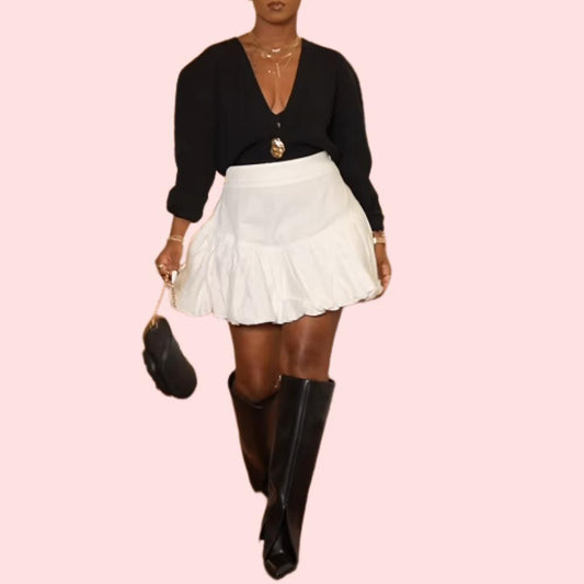 Black V-Neck Long Sleeve Top & White Puffy Skirt Set