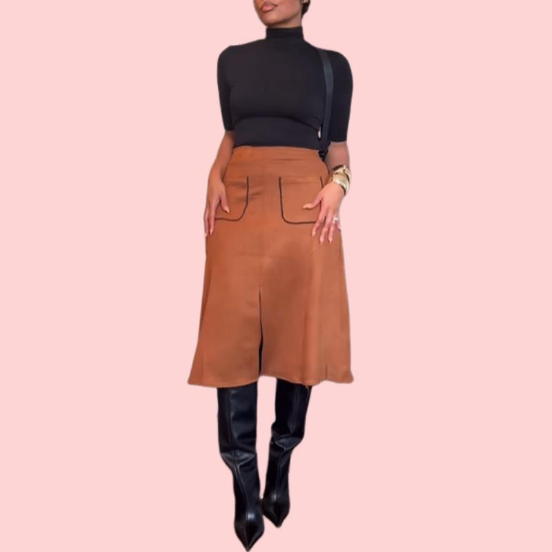 Brown Leather Pocket Skirt