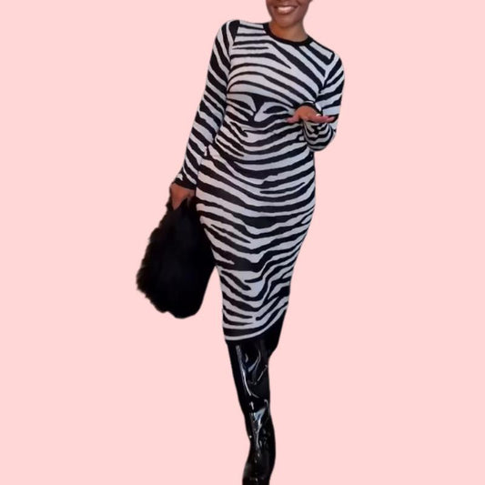 Zebra Print Round Neck Long Sleeve Maxi Dress