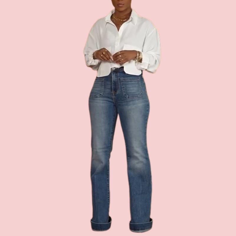 White Pocket Long Sleeve Shirt & Denim Trouser Set