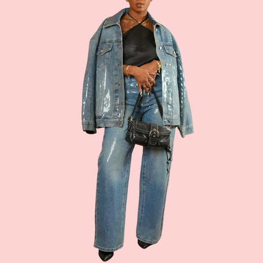 Blue Sequined Denim Jacket & Jeans Set