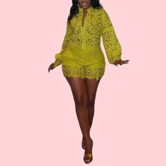 Yellow Lace Floral Zipper Top & Shorts Set