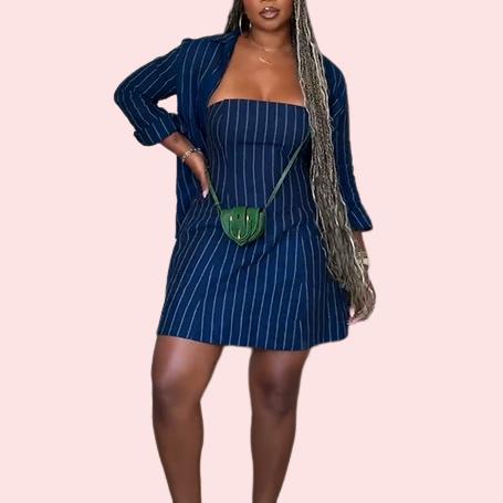 Blue Striped Wrap Dress & Shirt Set