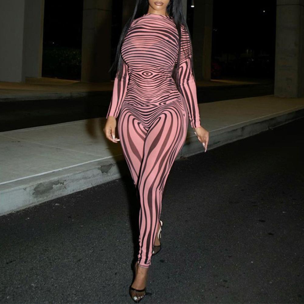 Long Sleeve Striped Mesh Printed Suit