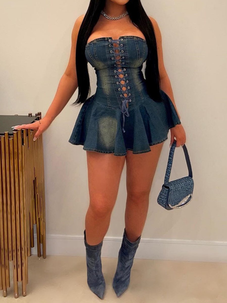 Zipper Lace-Up Sexy Denim Dress