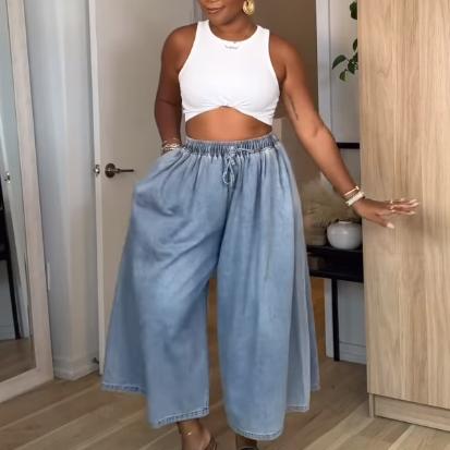 Casual Wash Denim Wide Leg Pants