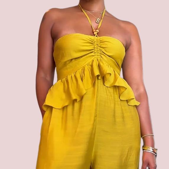 Yellow Halter Lace Wide Leg Jumpsuit