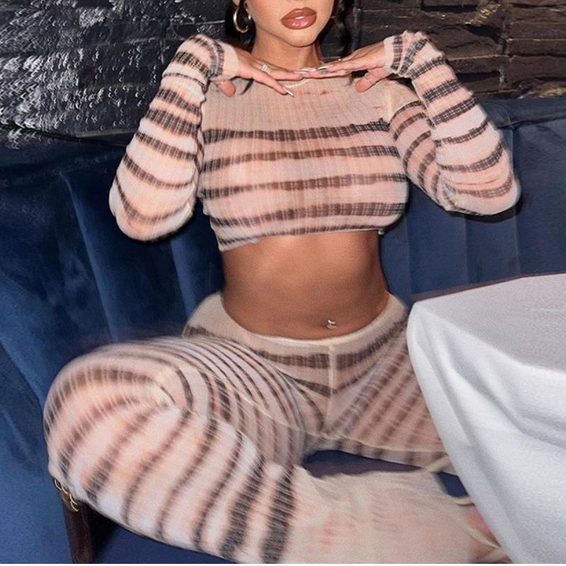 Sexy Mesh Striped Top and Pants Set