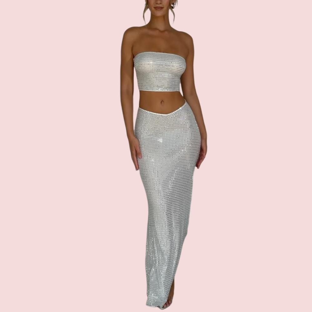 White Rhinestone Wrap Chest Top Split Half Body Long Skirt Set