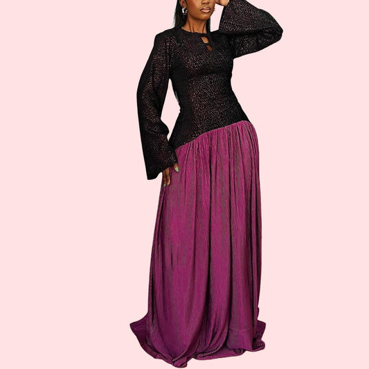 Black and Purple Patchwork Long Sleeve Dress