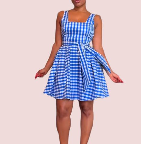 Blue and White Check Tied Mini Dress