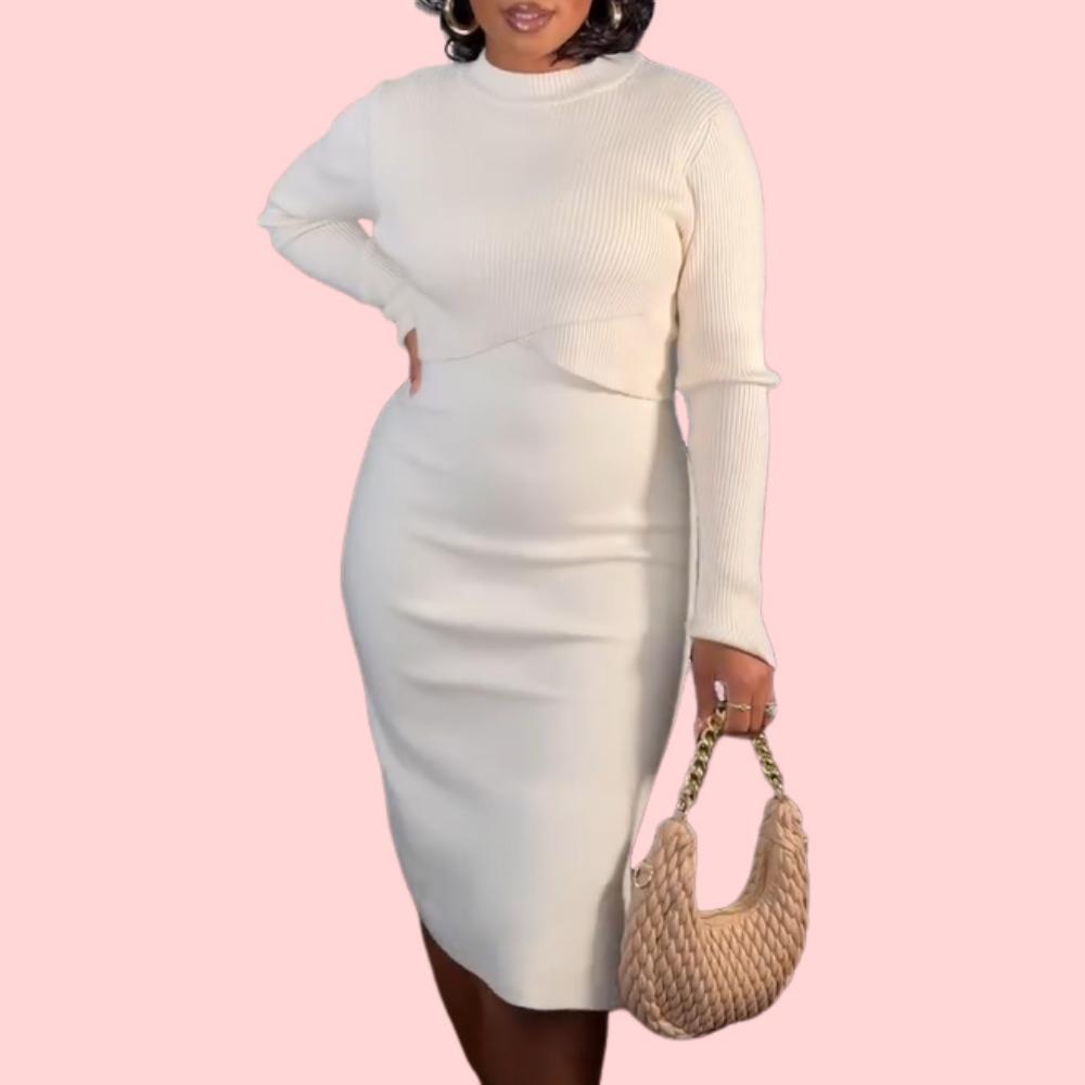 White Knit Long Sleeve Top & Midi Skirt Set