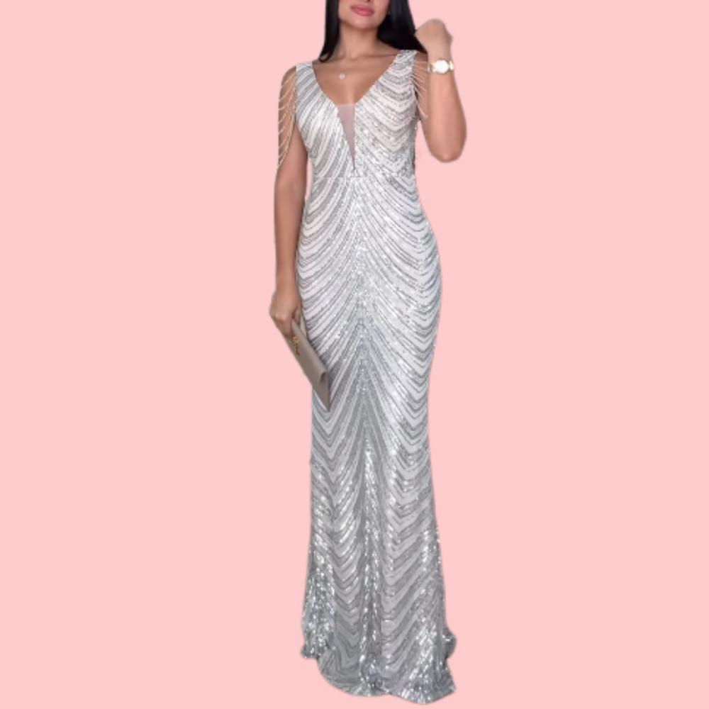 White V-Neck Rhinestone Maxi Dress