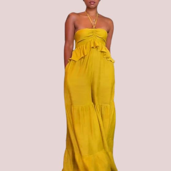 Yellow Halter Lace Wide Leg Jumpsuit