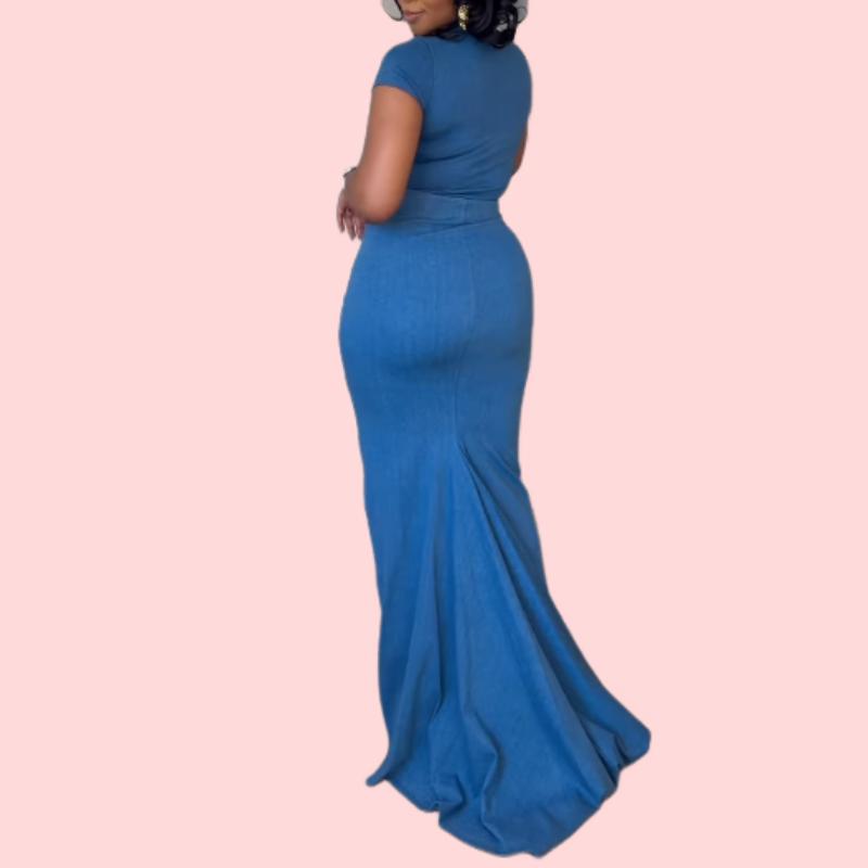 Blue Short Sleeve Bodysuit & Long Skirt Set