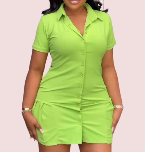 Green Shirt Neck Buttoned Mini Dress